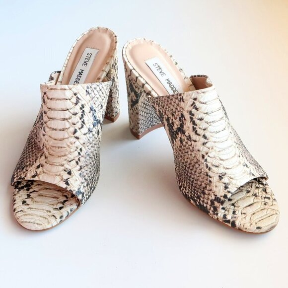 Steve Madden Cream & Black Esmeralda Snakeskin Peep Toe Mules / Slip On Sandals - Picture 6 of 16